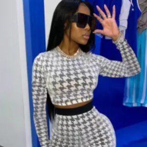 Houndstooth Print Long Sleeve Slim 2 Piece Pants